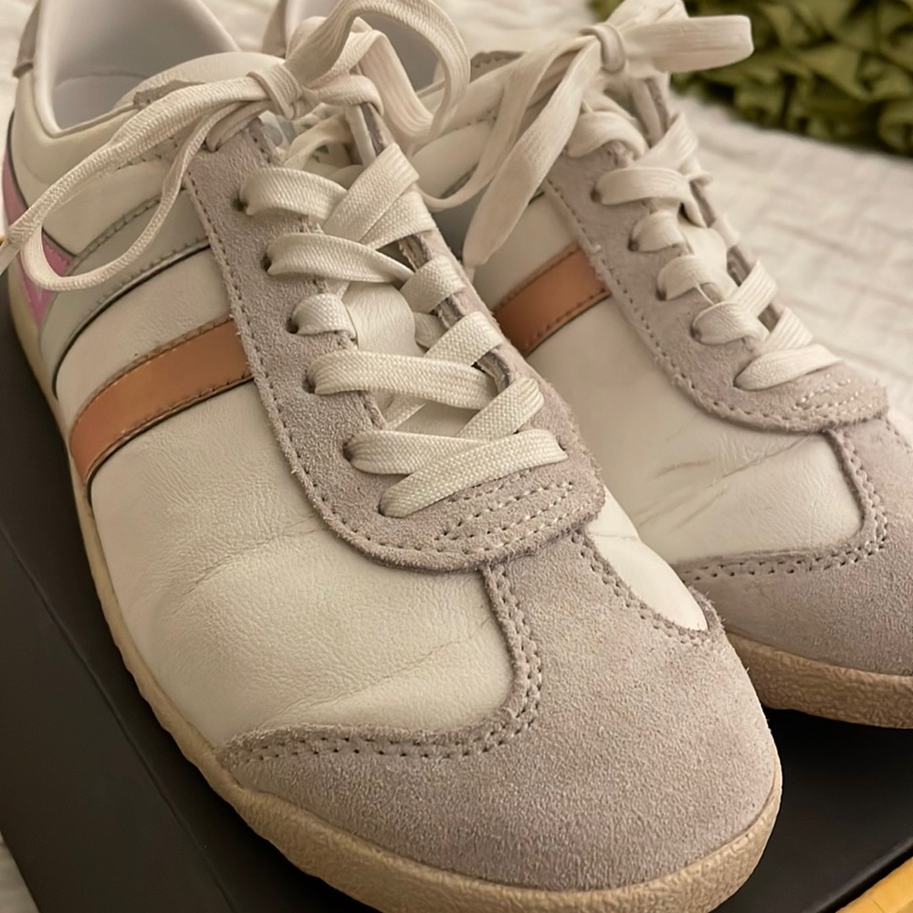 White leather with pastel detail Euro-style women’s sneakers